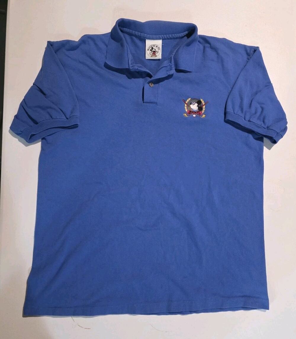 Vintage Disney Mickey Mouse Blue Polo Golf Shirt Size Medium Made in USA Jerzees